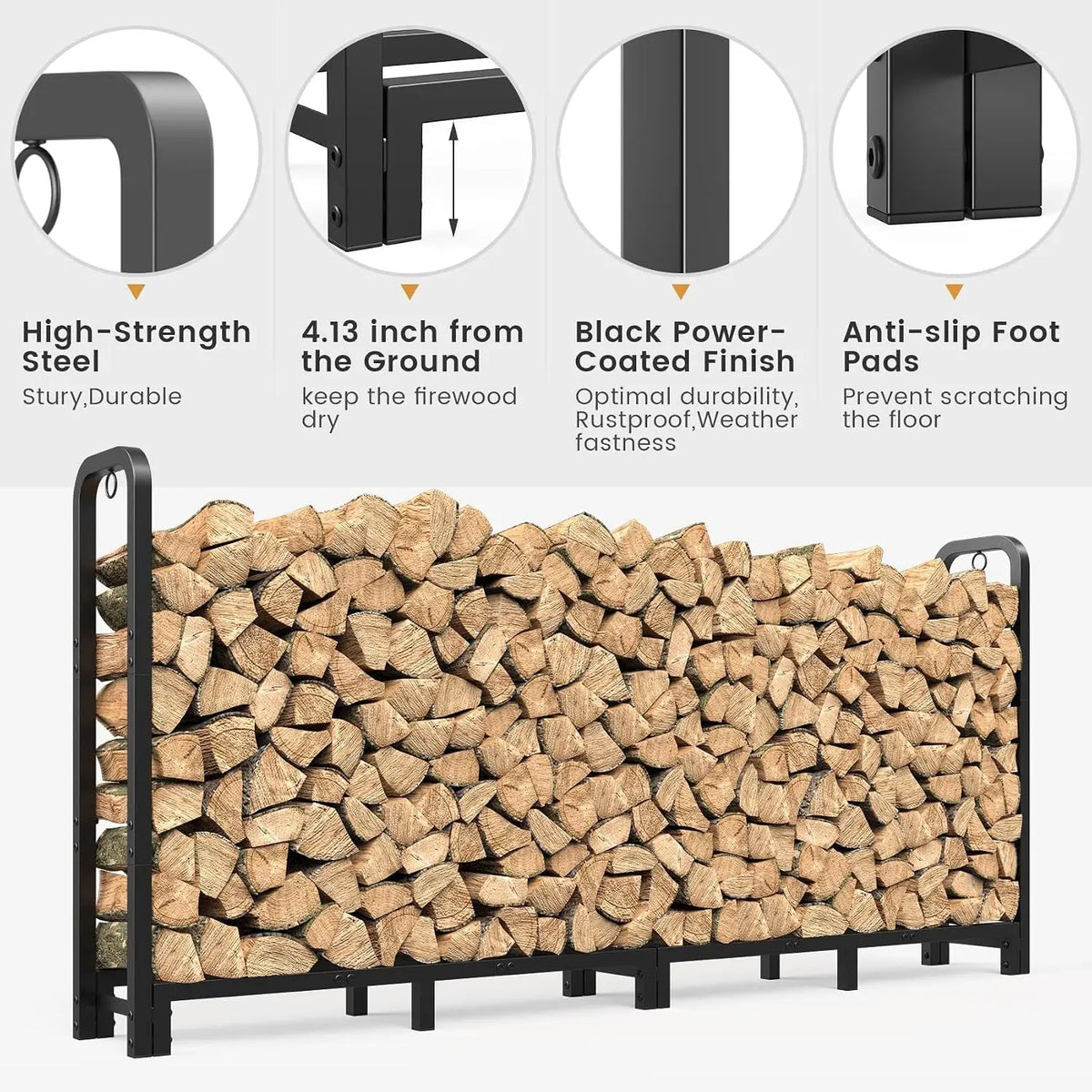 8ft Firewood Rack Outdoor Indoor, Upgraded Heavy Duty Adjustable Fire Wood Rack Holds Up to 4500lbs, .