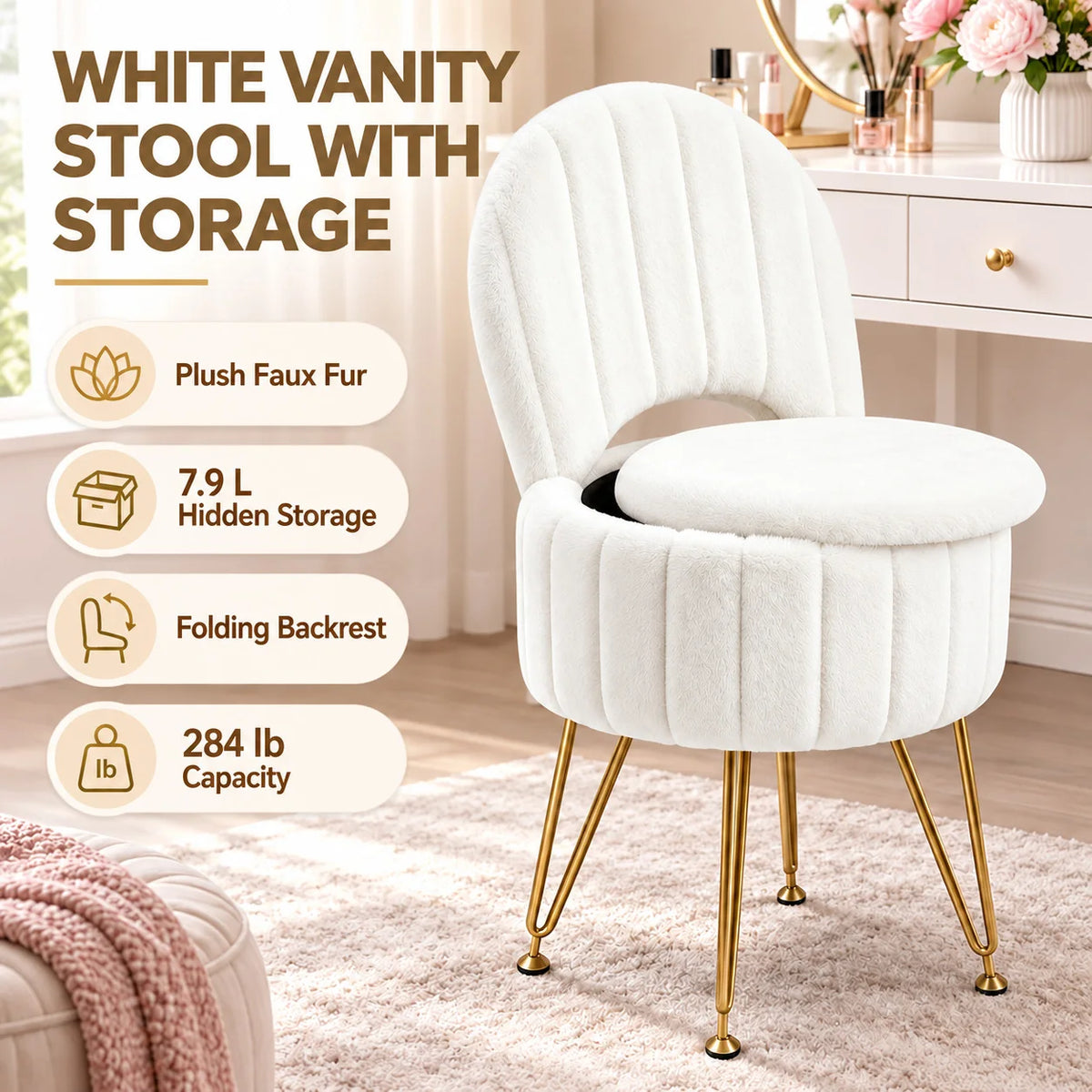 White Faux Fur Vanity Stool Chair with 7.9 Liter Hidden Storage Folding Backrest Thick Padded Seat Gold Metal Legs .