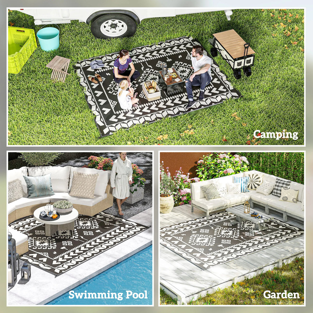 Outdoor Rug, 8' x 10' Floor Mat, Black White Rhombus Patchwork