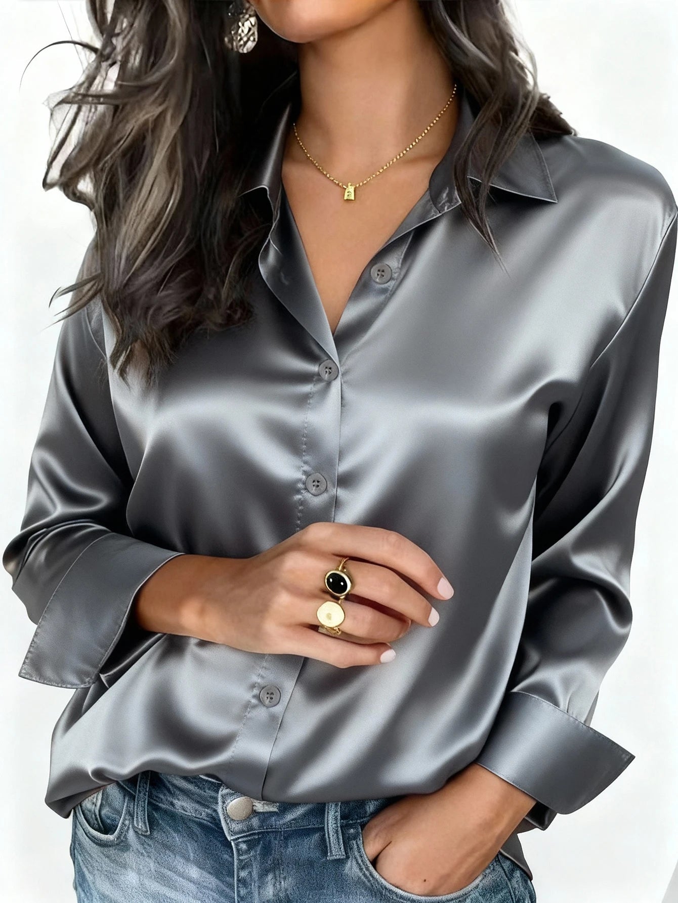Women's Satin Button-Up Blouse, Apparel