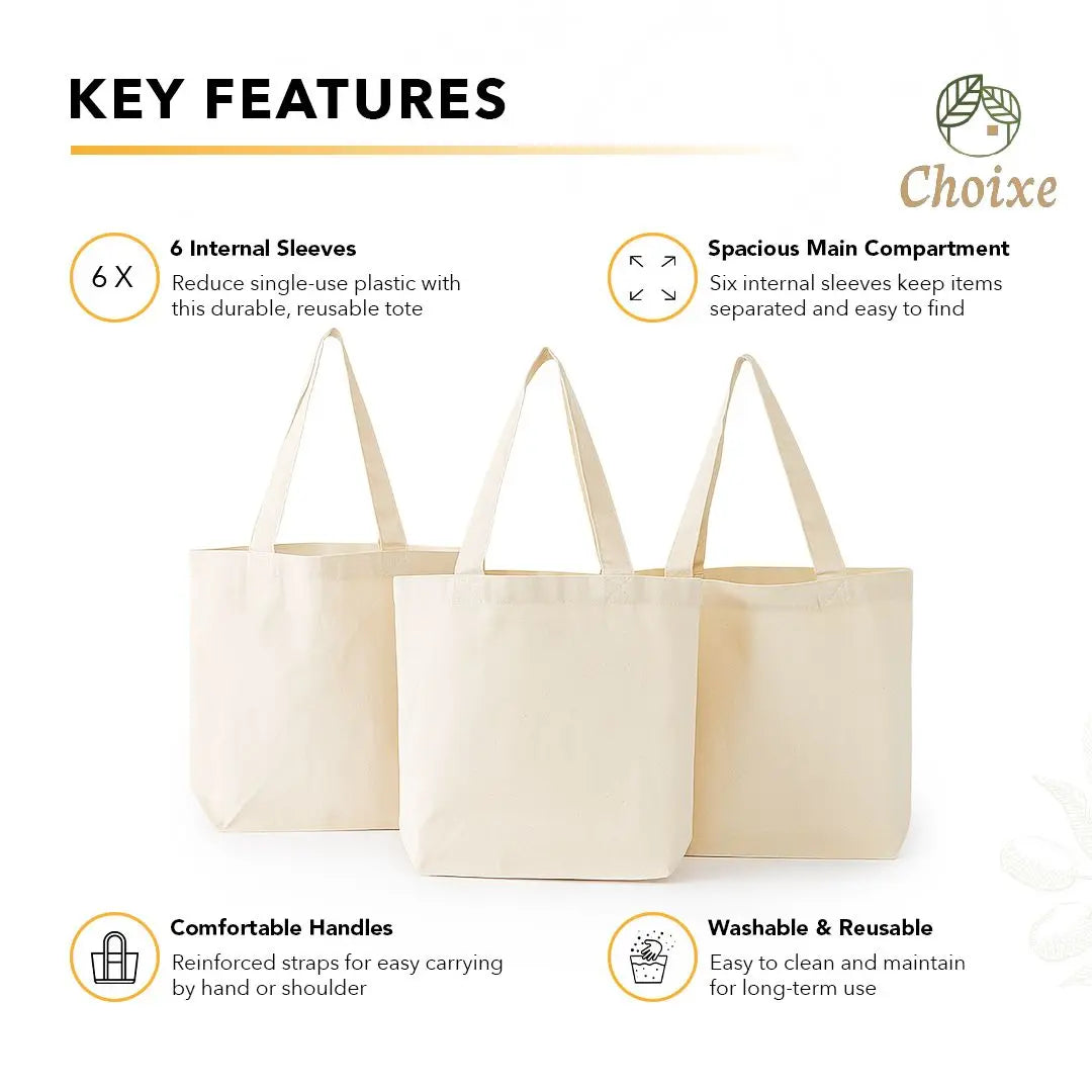 Reusable Organic Cotton Mesh Grocery Bag, with 6 Internal Sleeves, Eco-Friendly Washable, .