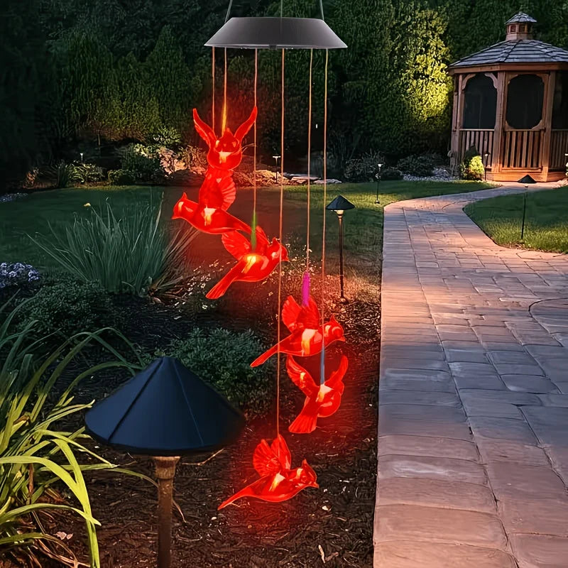 Solar-Powered Flaming Bird Wind Chime Lights for Outdoor Use, Featuring Waterproof Design And Vibrant Colors.