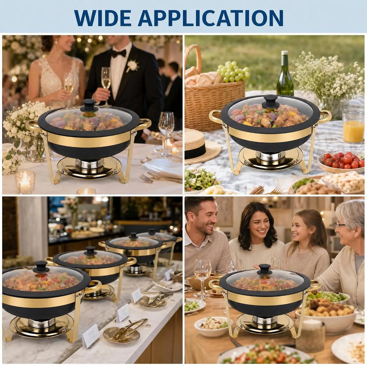 Chafing Dishes for Buffet 2/4/6Pack 6QT Black Maifanite-Coated Chafer Round Stainless Steel , Glass Lid Buffet Food Warmers .