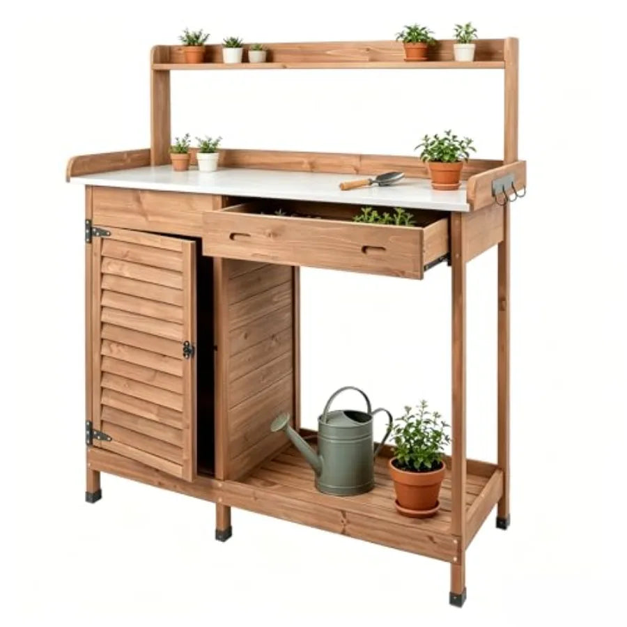 Outdoor Potting Bench Table .Wooden Frame With Metal Tabletop; Natural Brown; .