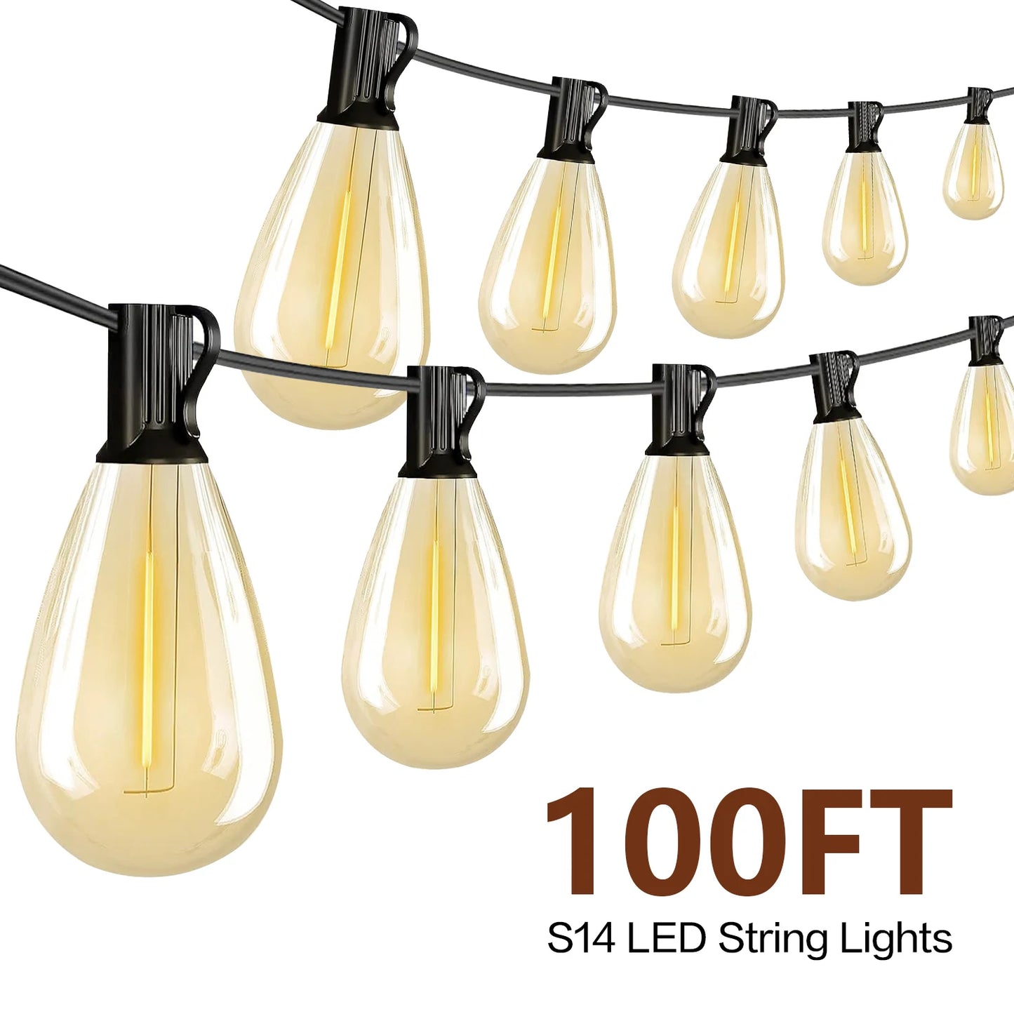 100FT S14 LED String Lights, 24 Bulbs, 2700K Warm White, E12 Base, Black Cord, .