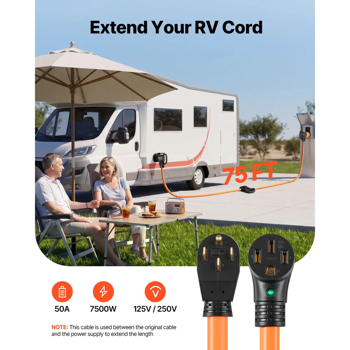 50 Amp 75 Feet RV Extension Cord, 125V/250V 7500W, Heavy Duty 6/3 + 8/1 Gauge STW RV Power Cord, NEMA 14-50P to NEMA 14-50R, .
