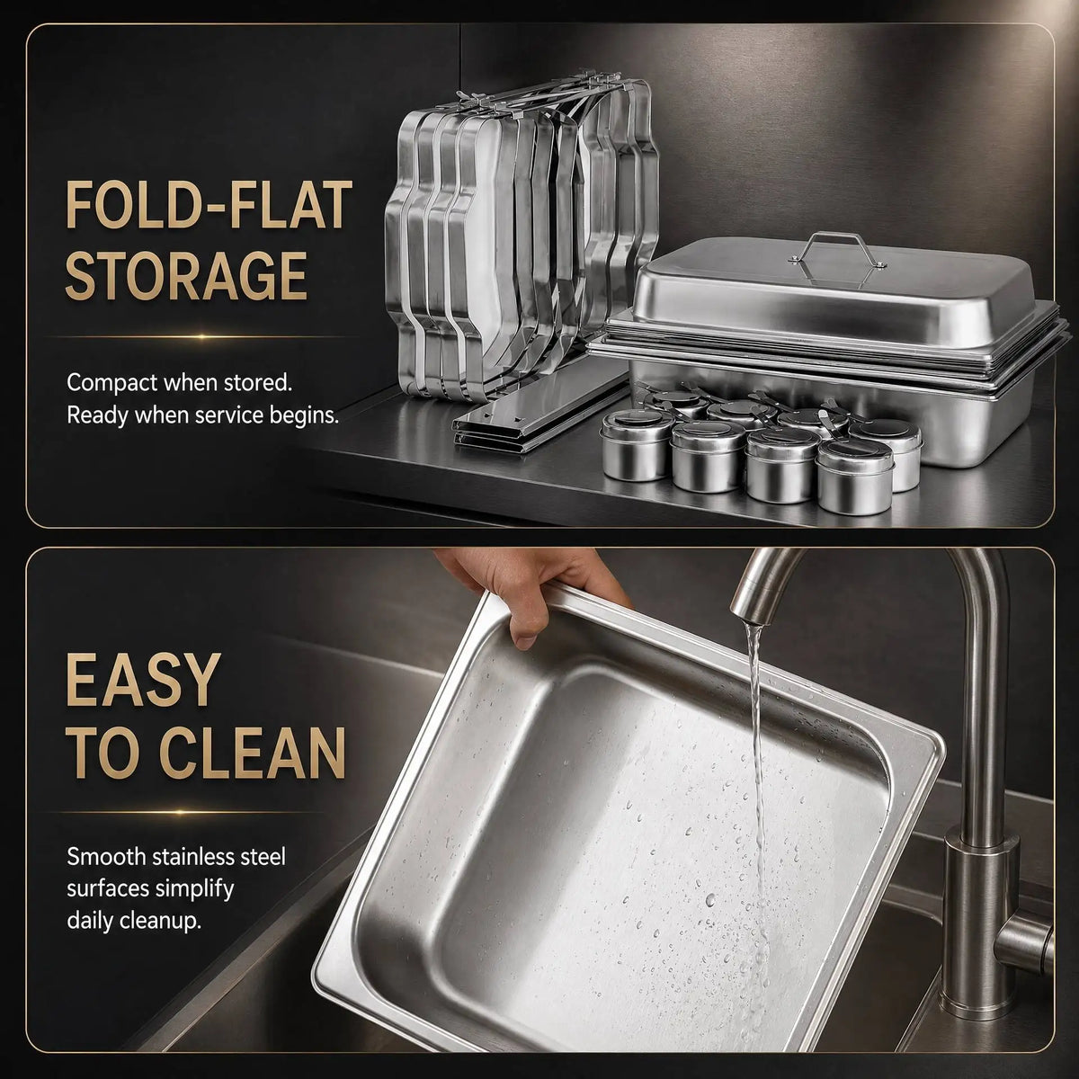 4 Pack 9.5 QT Stainless Steel Chafing Dishes Buffet Set, 7 Food Pans & Folding Stands,.