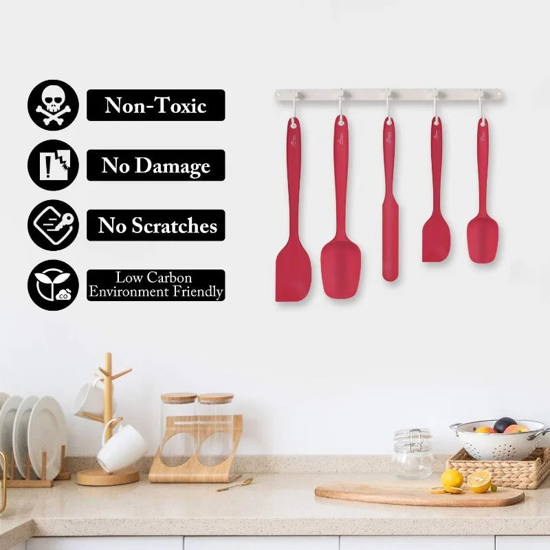 BPA Free Silicone Rubber Spatula Set, Red, Set of 5