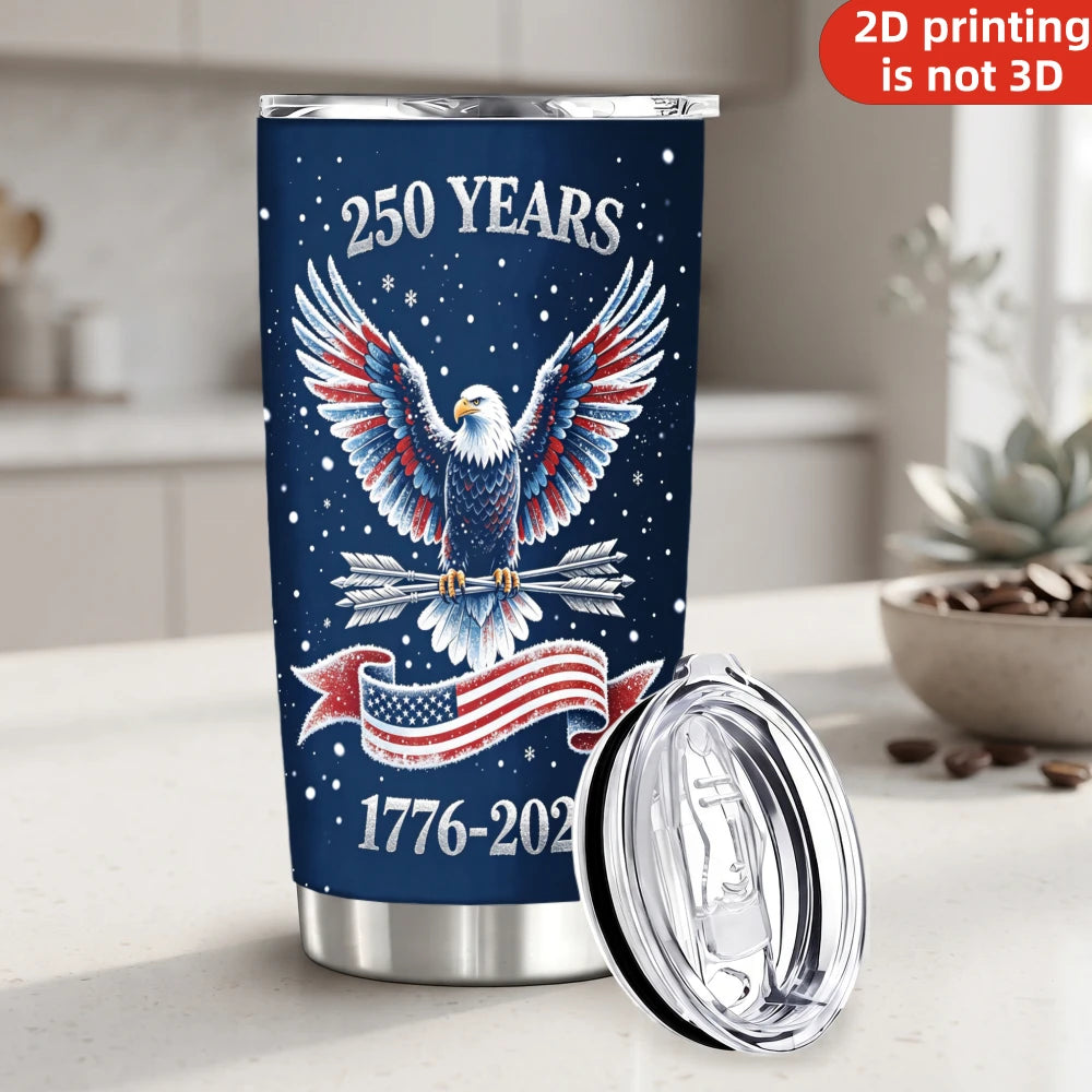 20oz USA 250th Anniversary Printed Stainless Steel Tumbler with Lid and Straw, Navy Blue Patriotic Eagle 1776-2026 American Flag .