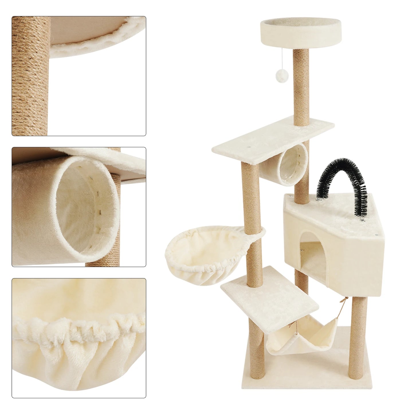 1.6m Cat Scratching Post Multi-Level Cat Tower  Cat Climbing Frame with Cat Cave Hammock Hanging Ball Jumping Platforms for Indoor Large Cats
