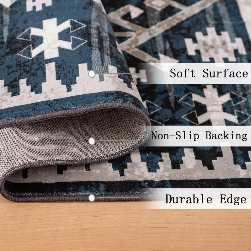 8x10 Vintage Bohemia Large Non-Slip Washable Area Rug ..Geometric Blue/Black Design