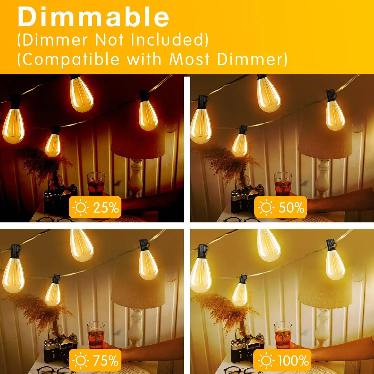 100FT S14 LED String Lights, 24 Bulbs, 2700K Warm White, E12 Base, Black Cord, .