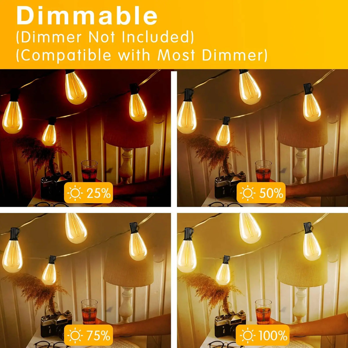 100FT S14 LED String Lights, 24 Bulbs, 2700K Warm White.