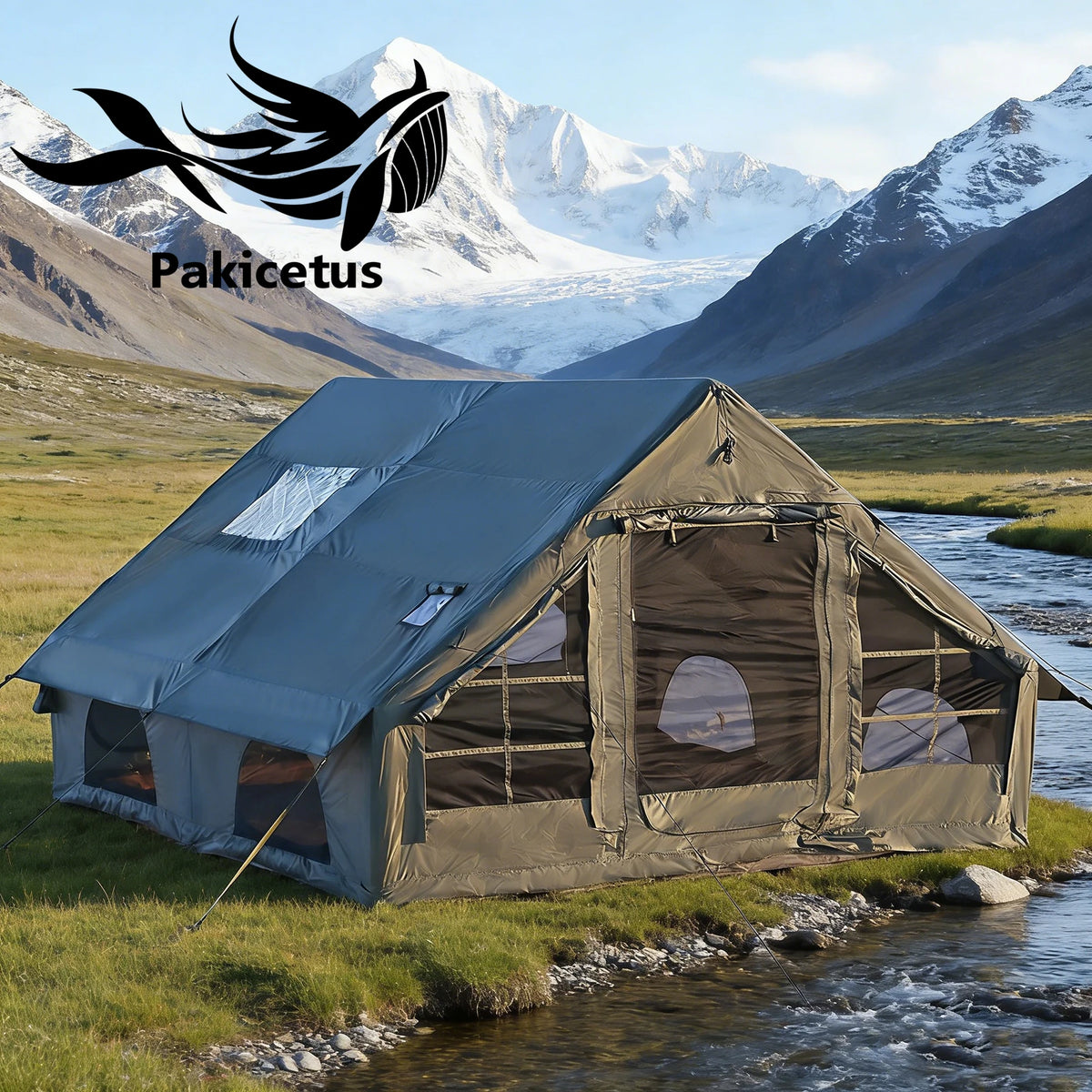 PAKICETUS Large Luxury Inflatable Glamping Tent with Manual Hand Pump, Easy Setup 4 Season Anti-Snow Spacious Family Shelter, Weatherproof Air Tent .