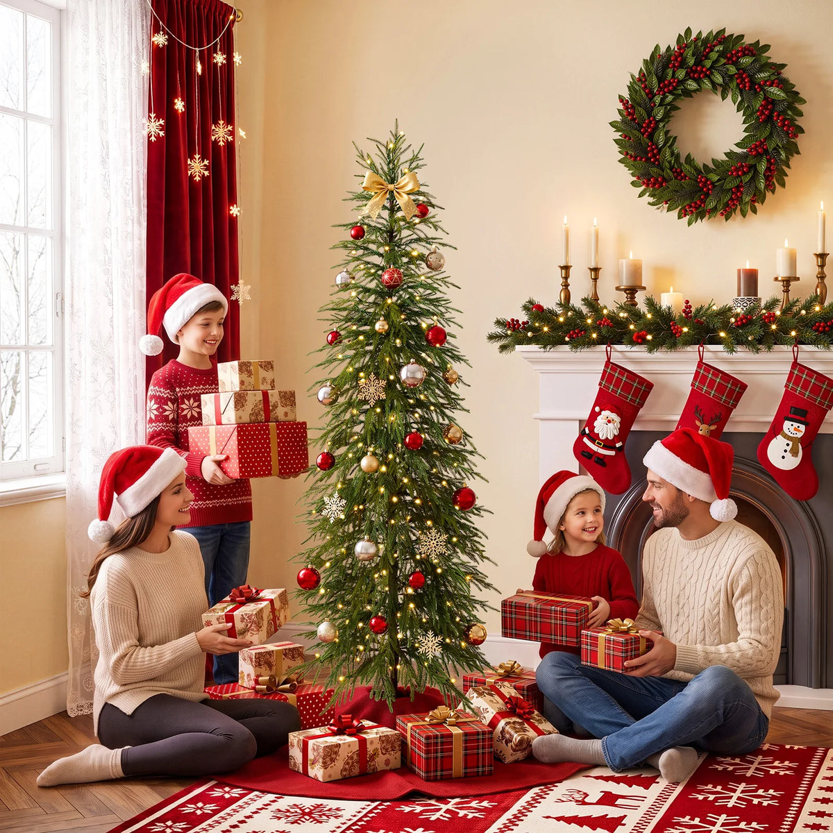 Artificial Pencil Christmas Tree, PE Realistic 6ft/7ft Prelit/.with Metal Stand, Holiday .