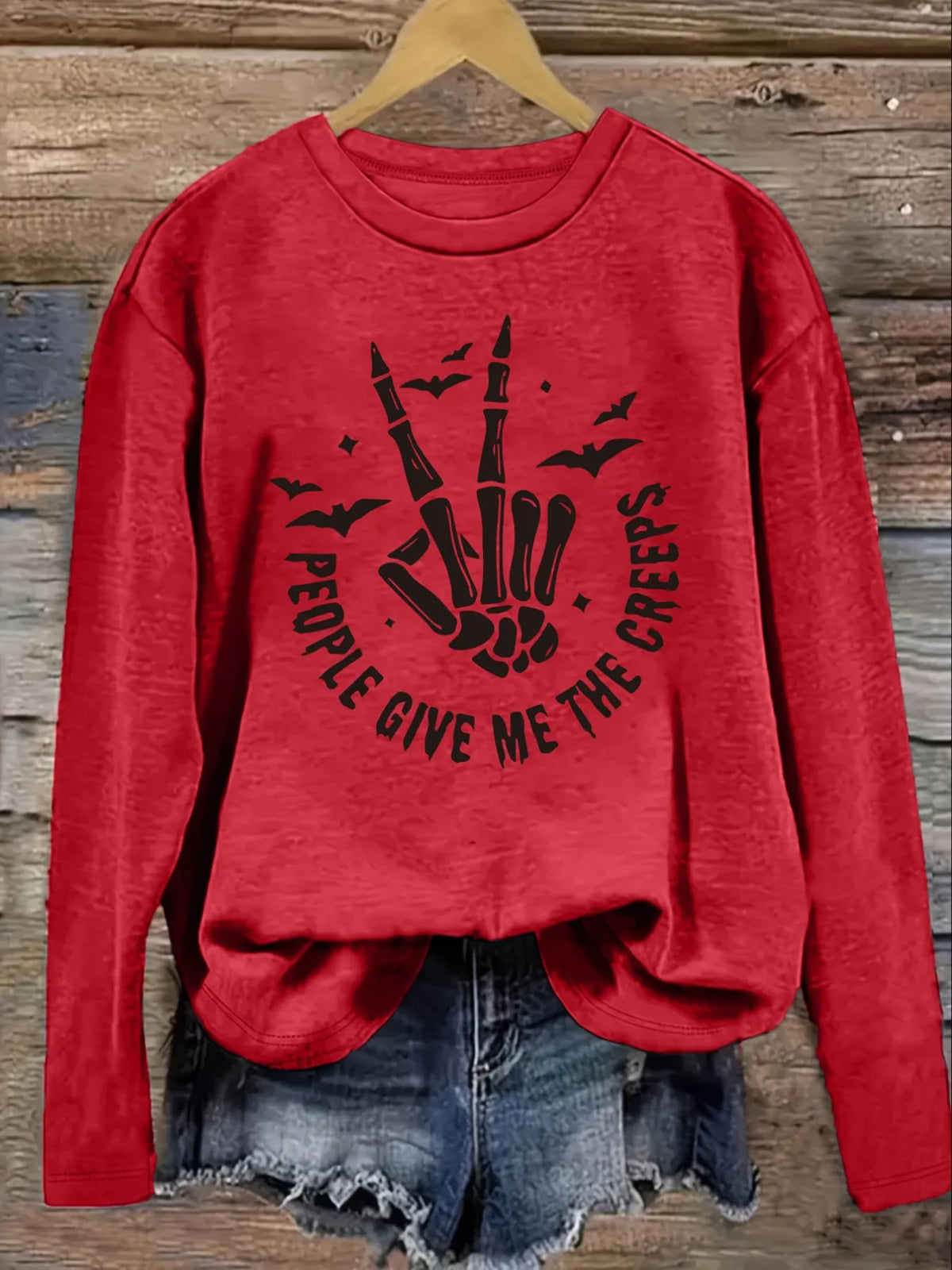 Women's Casual Long Sleeve Crew Neck T-Shirt Skeleton Hand Give Creeps Design.