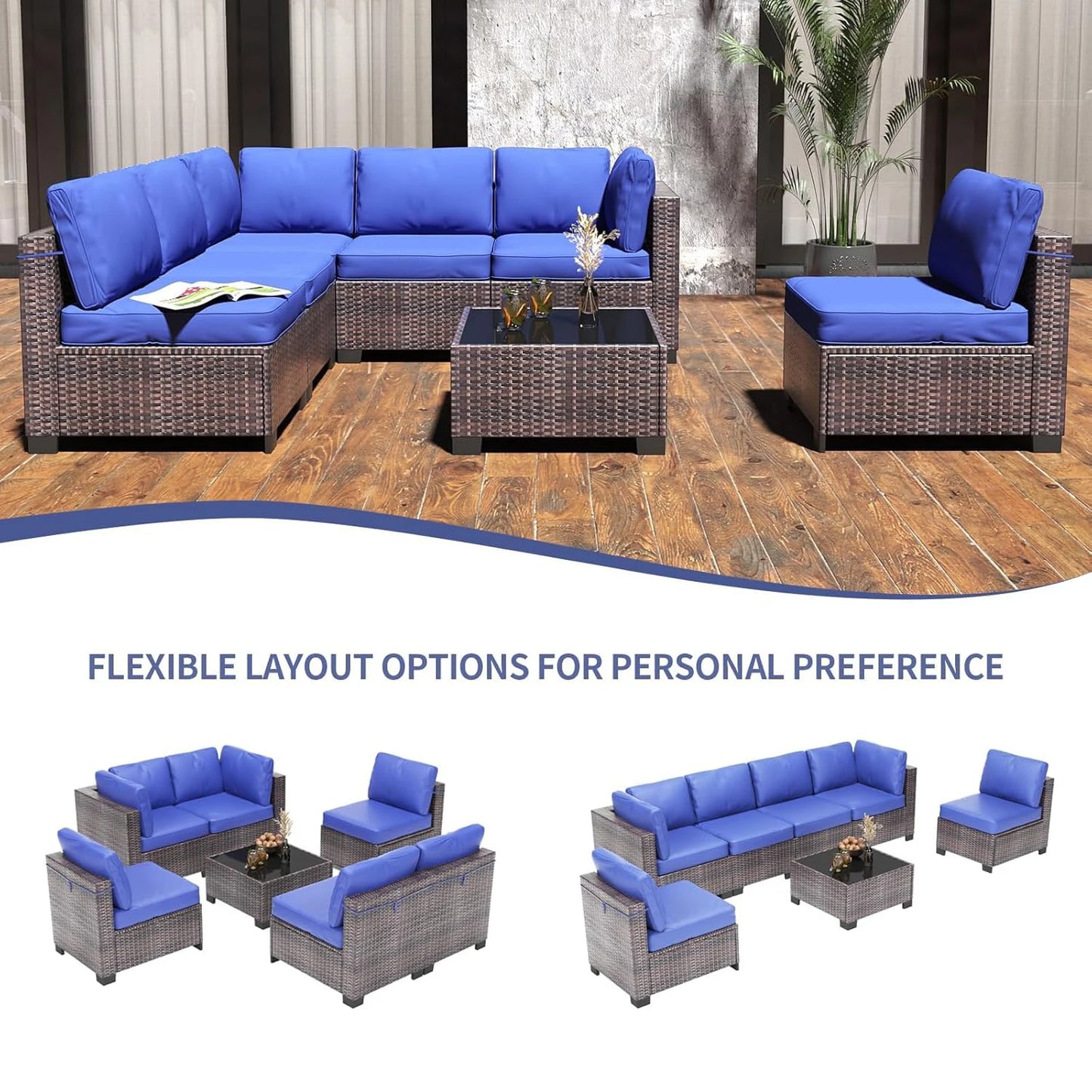 7-Piece Modular Outdoor Furniture Set, PE Rattan Wicker Sectional Modular Conversation Sofa Set, .