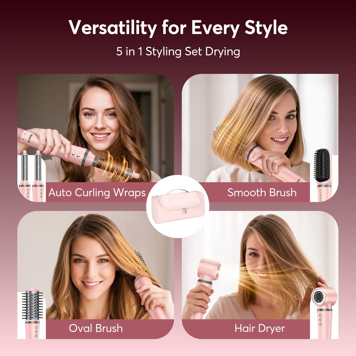 5 in 1 High-Speed Hot Air Styler Frizz-Free Fast Drying No Heat Damage Hair  with Travel Bag