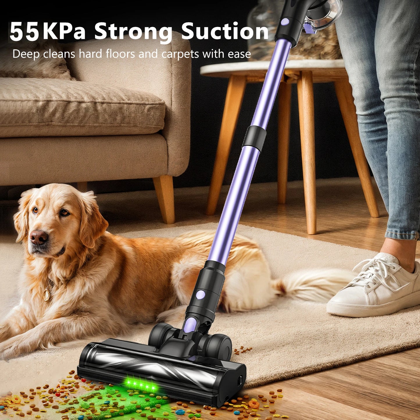 500W/55KPA Self-Standing Cordless Vacuum Cleaner,60 Mins Handheld Vacuum. Carpet/Pet Hair