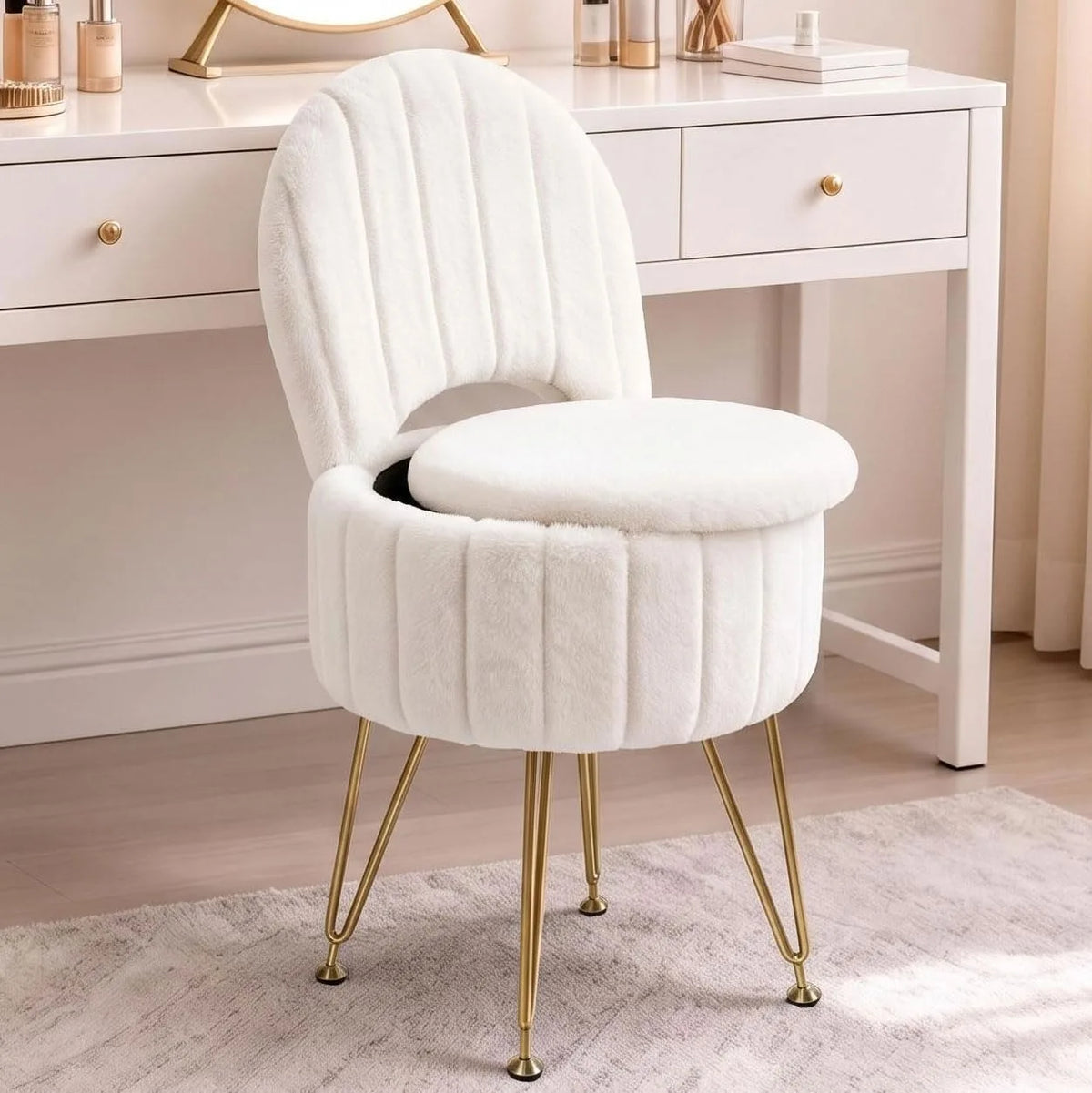 White Faux Fur Vanity Stool Chair with 7.9 Liter Hidden Storage Folding Backrest Thick Padded Seat Gold Metal Legs .