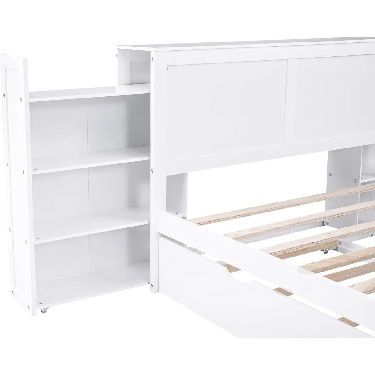 Full Size Storage Platform Bed with Pull Out Shelves, Twin Size Trundle, Solid Wood and MDF, 98" L x 89" W x 39.5" H