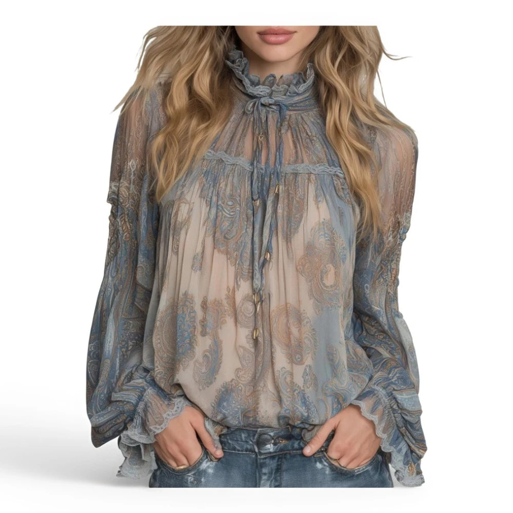 Paisley Print Ruffled High Neck Blouse For Women Tie Front Long Puff Sleeve Ruffle Cuff .