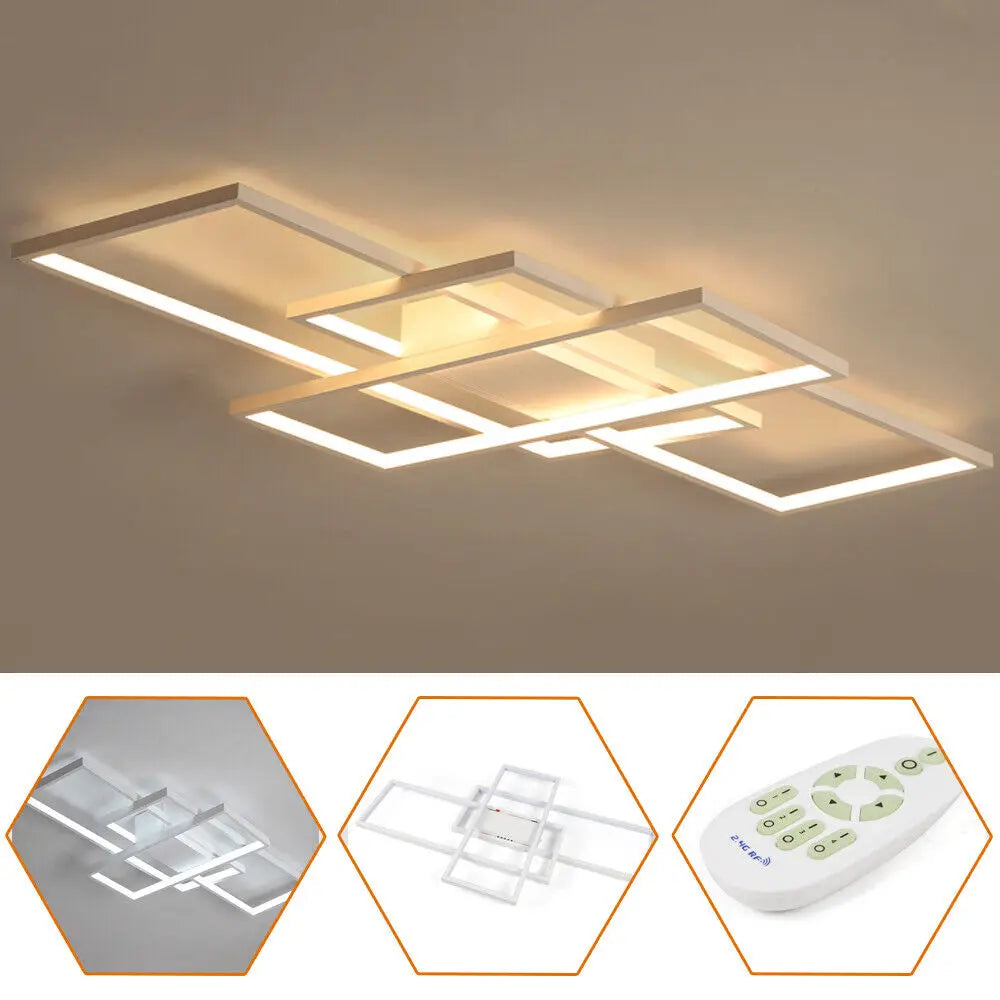 Modern LED Square Ceiling Light Dimmable Flush Mount Living Room Chandelier Lamp W/ Remote