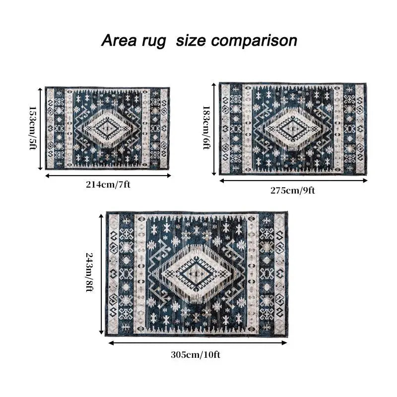 8x10 Vintage Bohemia Large Non-Slip Washable Area Rug ..Geometric Blue/Black Design