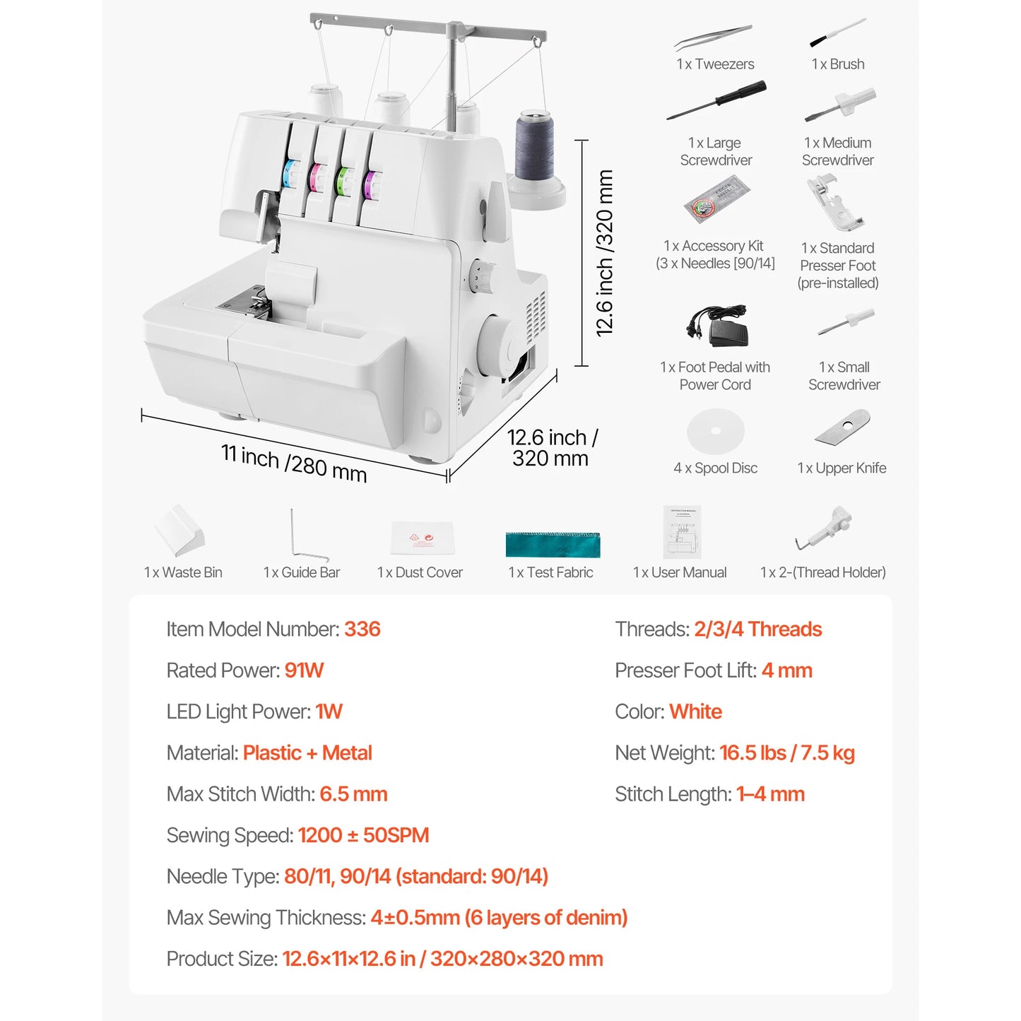 Serger Overlock Sewing Machine 1250 Stitches Per Minute 2-3-4 Thread Capability 0.7-2 Adjustable Differential Feed