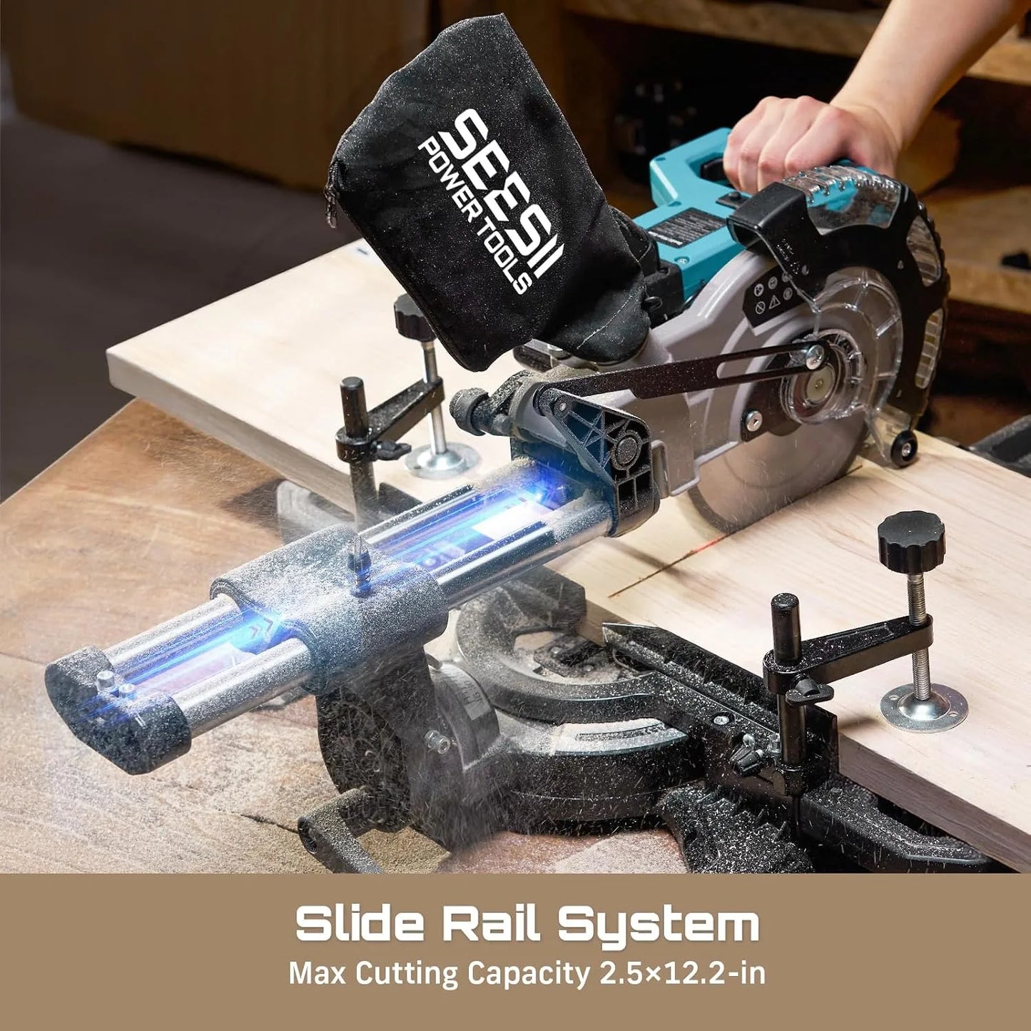 8-Inch Sliding Compound Miter Saw Cordless Power Miter Saw with Laser Guide 2 pcs 5000 . Batteries Single Bevel 45° 24T TCT Blade Max Cut 2.5×12-inch .