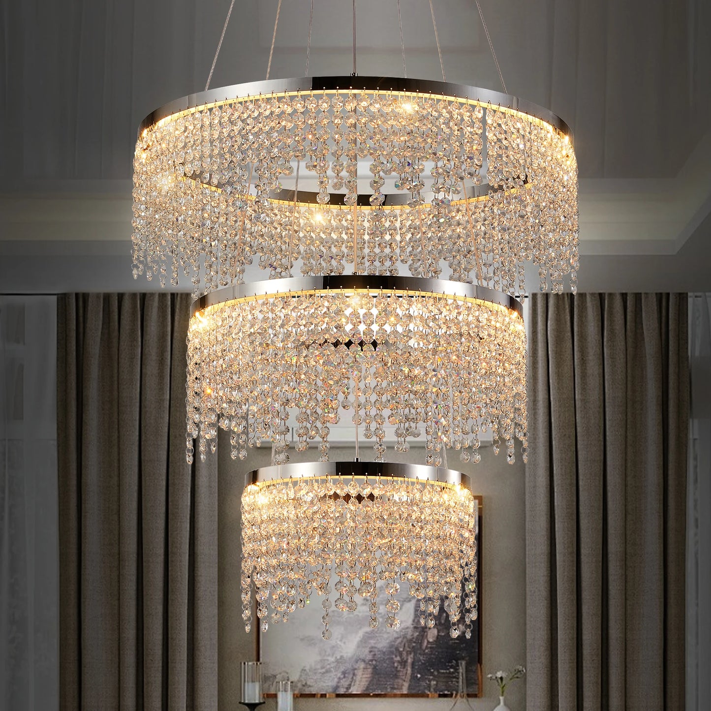 23.6-inch Crystal Chandelier, Dimmable Led Ceiling Lamp, Adjustable Color Temperature