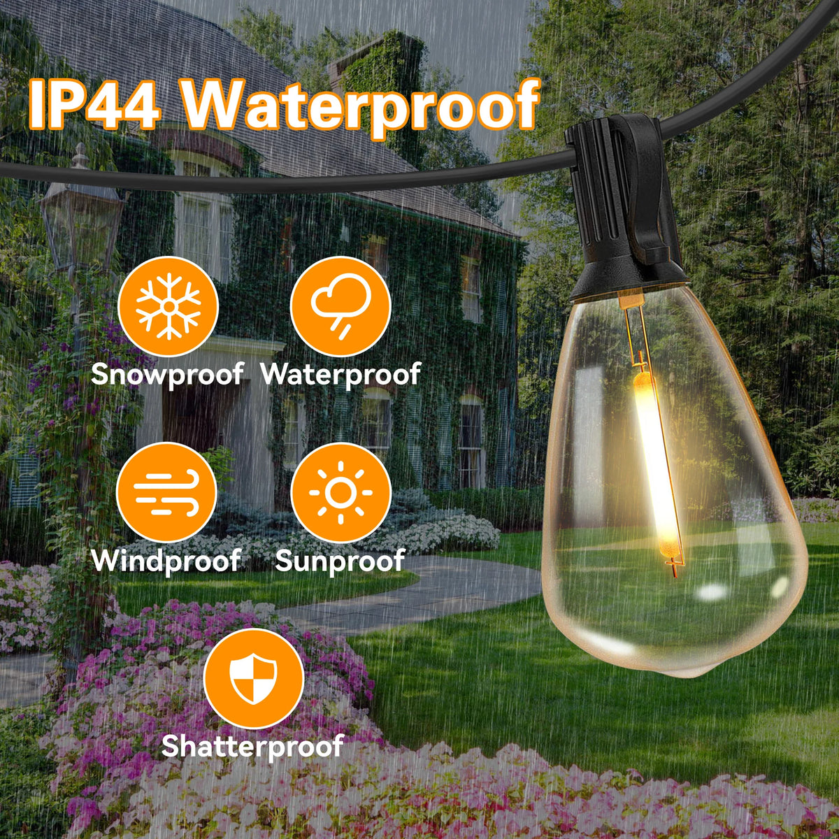 200FT ST38 LED Globe String Lights, 48 E12 Bulbs 2700K Warm White. with Hooks & Replaceable Shatterprof