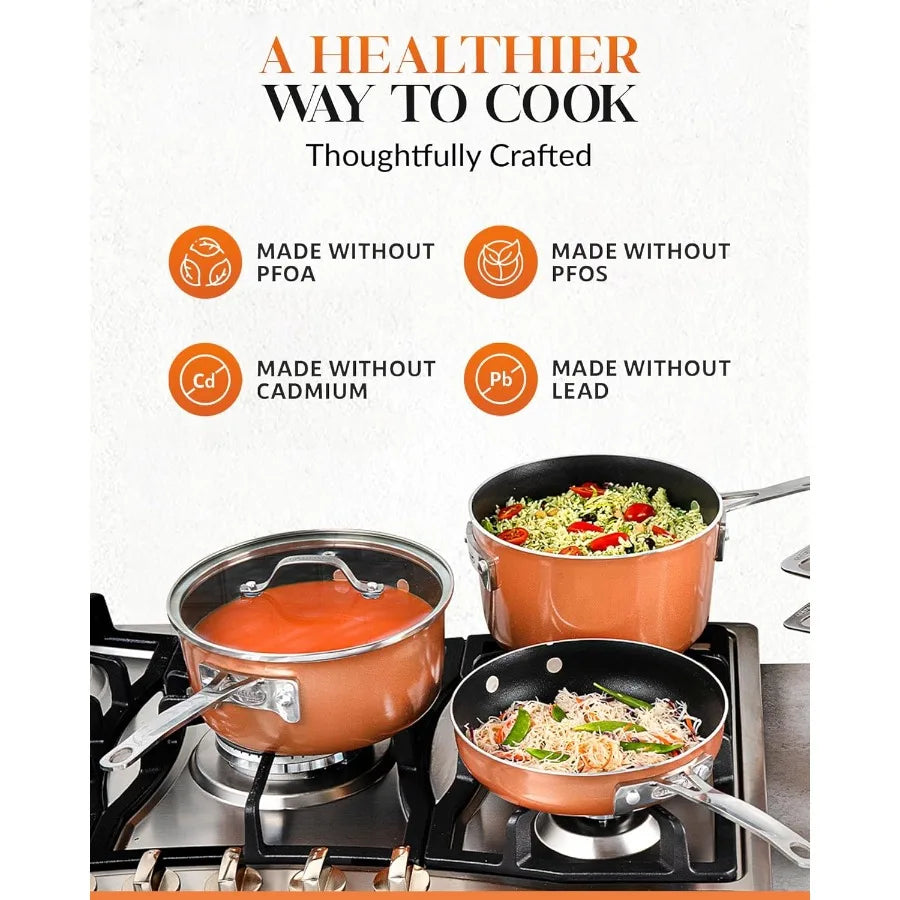 Stackable Pots and Pans Stackmaster 10 Piece Cookware Set with Ultra Nonstick Cast Texture Ceramic Coating Copper