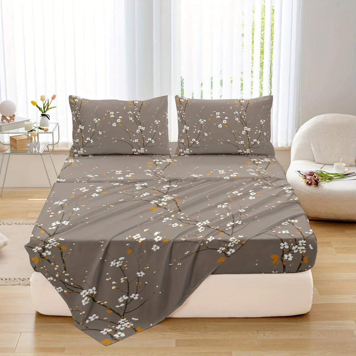 Dolin Plum Blossom Print Bedding Set (1 Fitted Sheet, 1 Flat Sheet, 2 Pillowcases) Ultra-Soft Breathable Fabric.