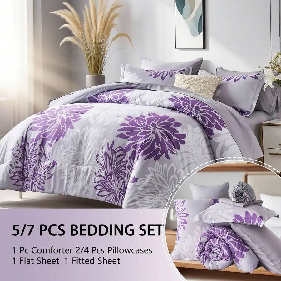 7 Pieces Chic Floral Printed Bed Comforter Sets, Queen King, ., Bed In A Bag, .