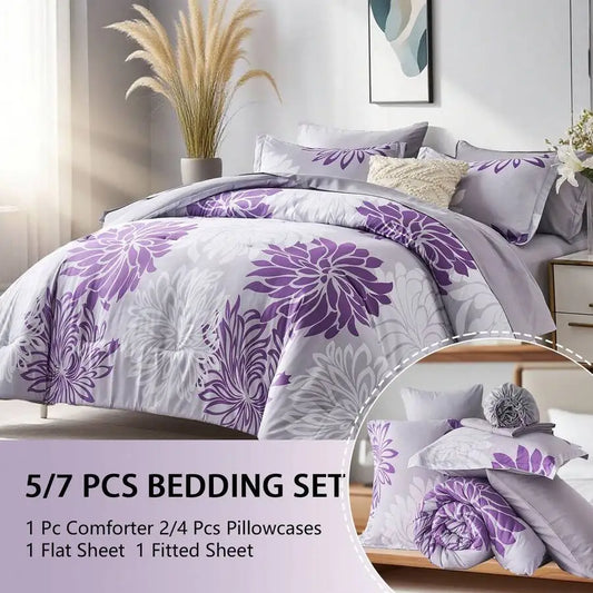 7 Pieces Chic Floral Printed Bed Comforter Sets, Queen King, ., Bed In A Bag, .