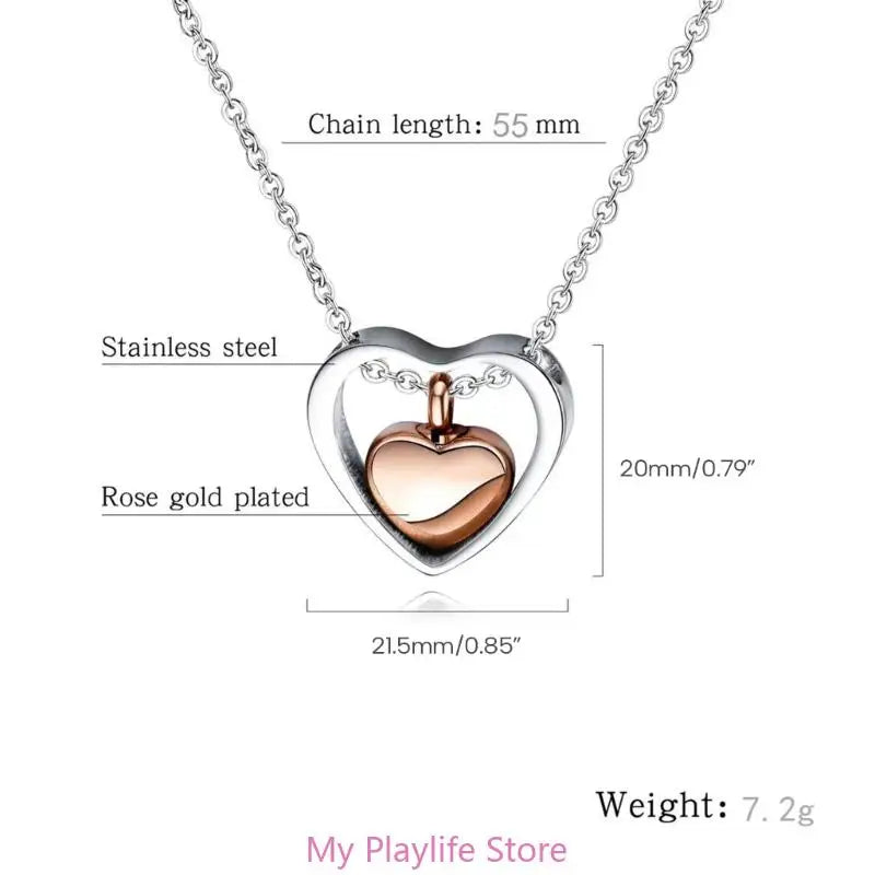 Stainless Steel Double Heart Cremation Urn Necklace Funnel Fill Memorial Ashes .