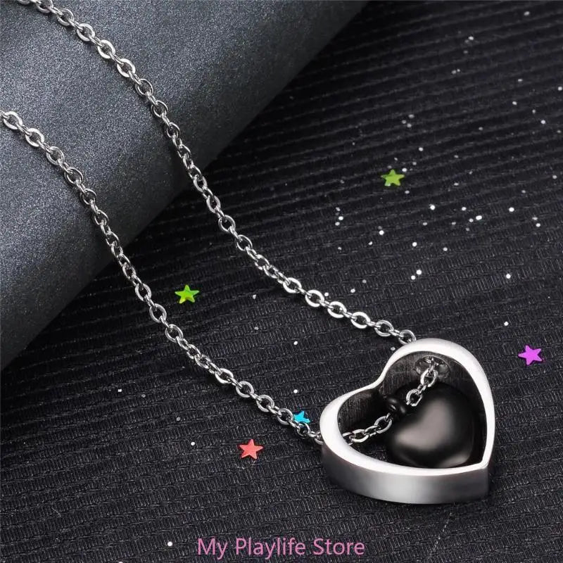 Stainless Steel Double Heart Cremation Urn Necklace Funnel Fill Memorial Ashes .
