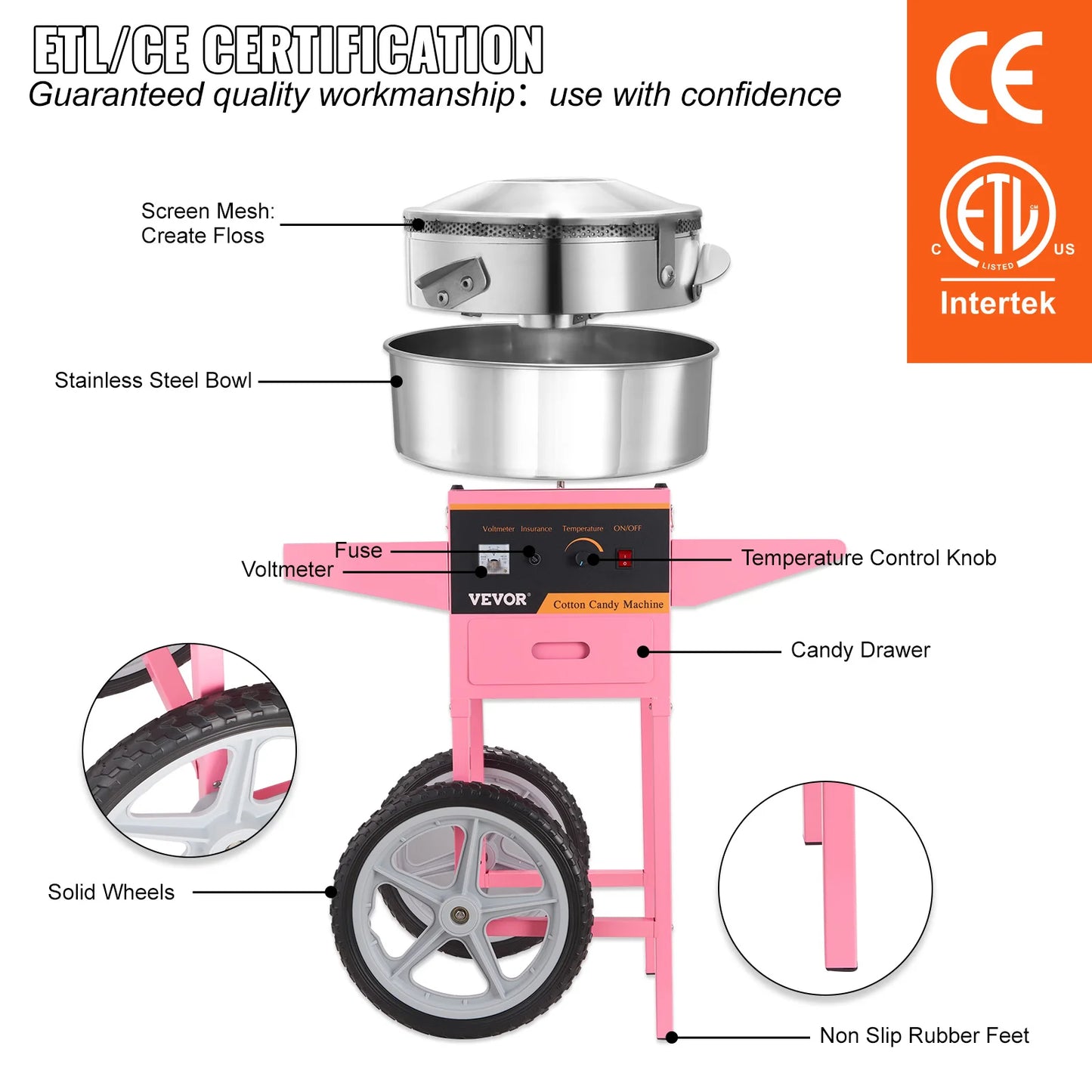 SucceBuy Electric Cotton Candy Machine with Cart 1000W Commercial Floss Maker .