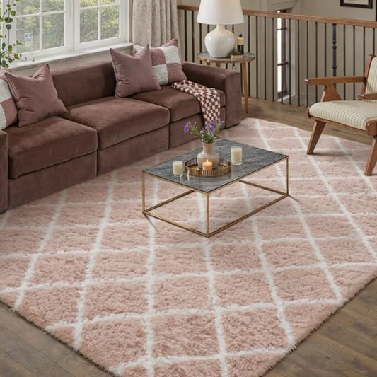 8x10 Checkered Rug Pink and White Modern Soft Area Rug Fluffy