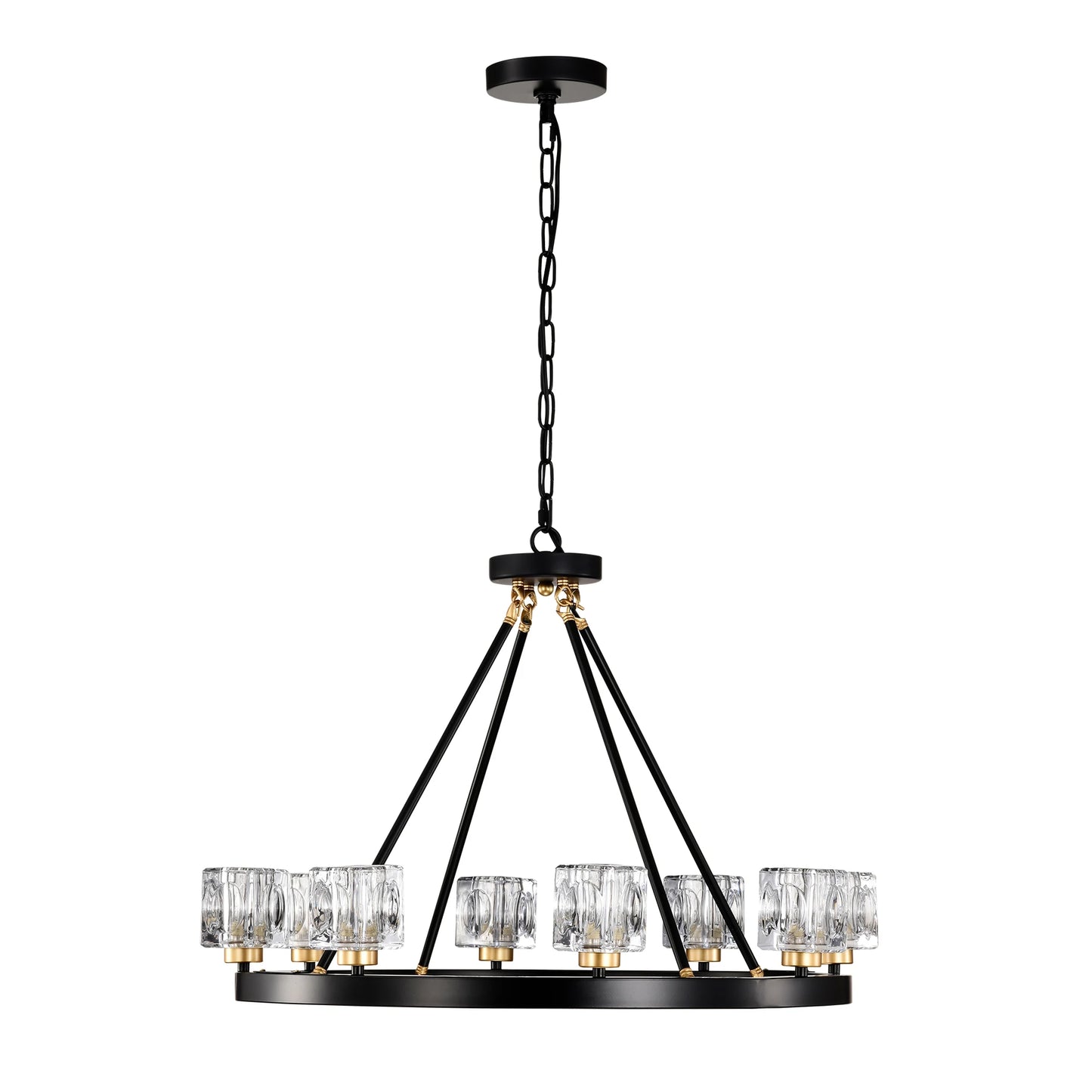 Matte Black + Gold Wagon Wheel Chandelier Farmhouse Modern Small Crystal Round Chandelier for Living Room Kitchen Island Foyer H