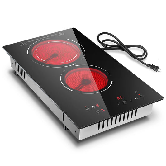 12" 2 Burner Electric Cooktop 1800W, 110V Plug-in, Dual-Ring, Touch Control,
.