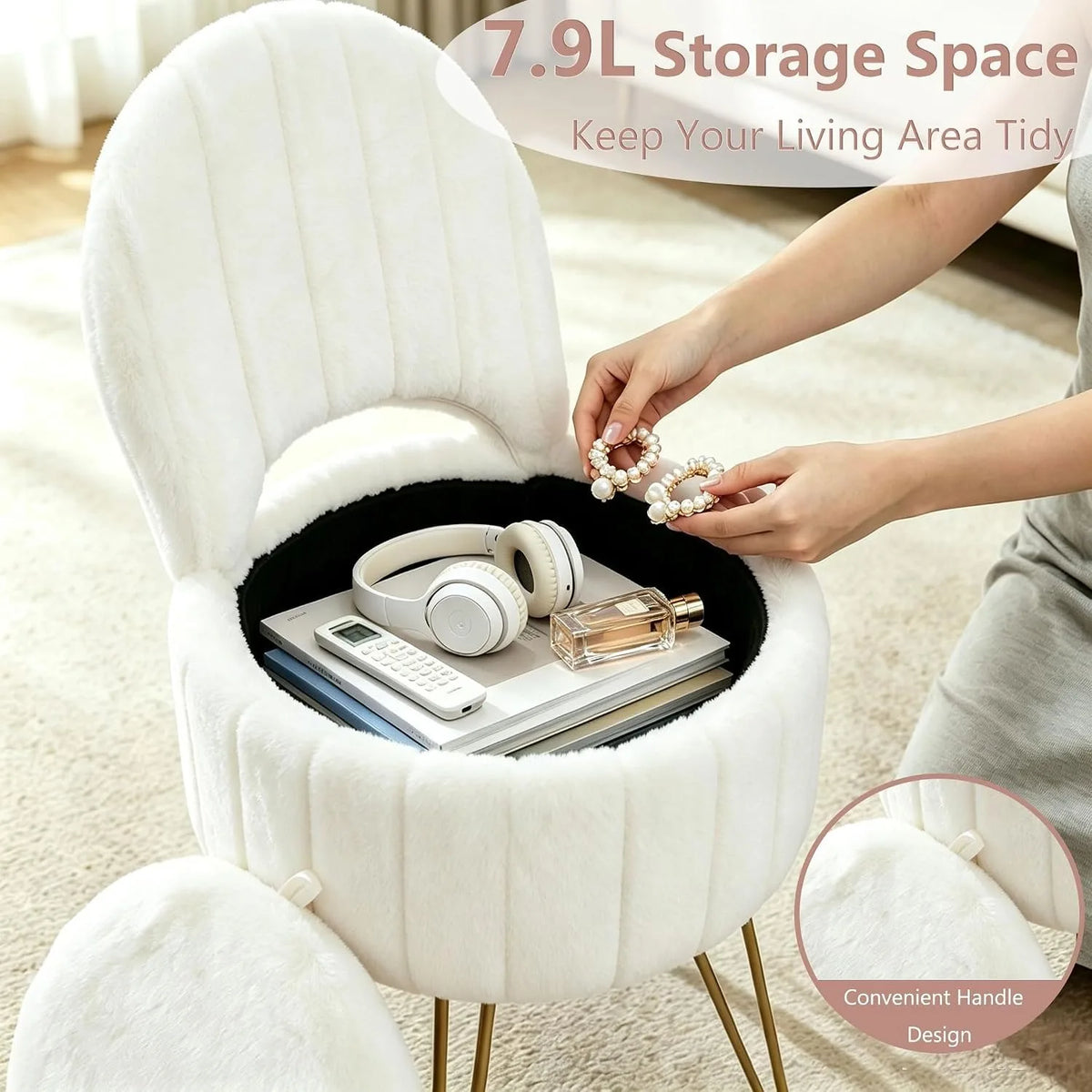White Faux Fur Vanity Stool Chair with 7.9 Liter Hidden Storage Folding Backrest Thick Padded Seat Gold Metal Legs .
