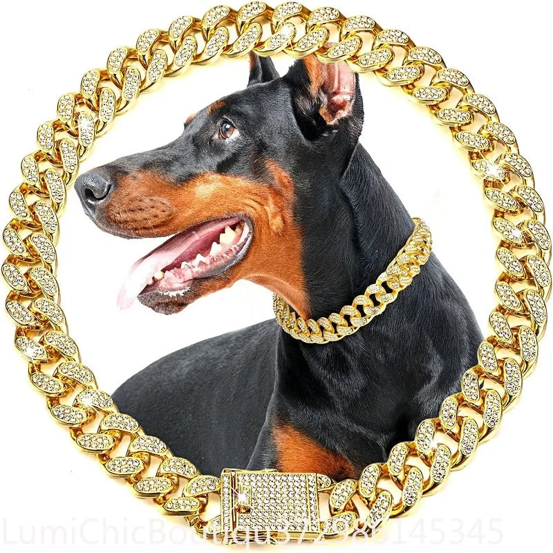 Luxury Gold Metal Dog Chain Collar Bling Pet Jewelry Necklace For Small Medium Large Dogs. Cats .
