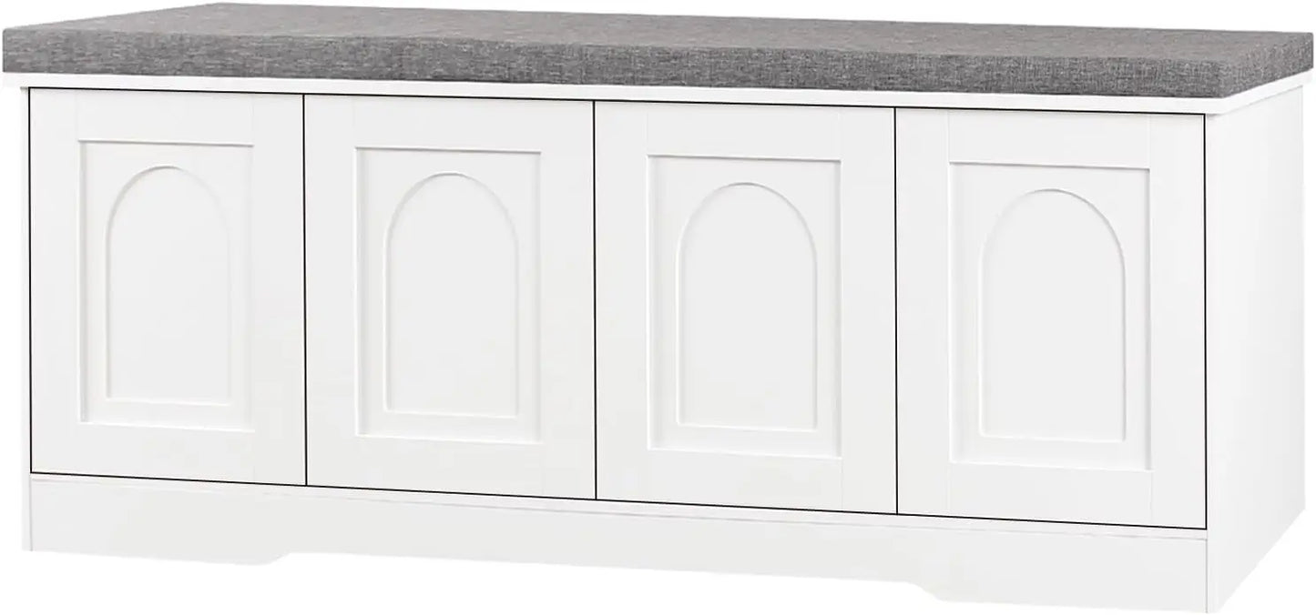 Shoe Bench. Storage Bench With Doors Cushion Two Tier Shoe Rack. White