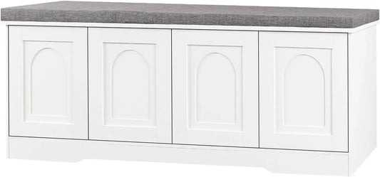 Shoe Bench. Storage Bench With Doors Cushion Two Tier Shoe Rack. White