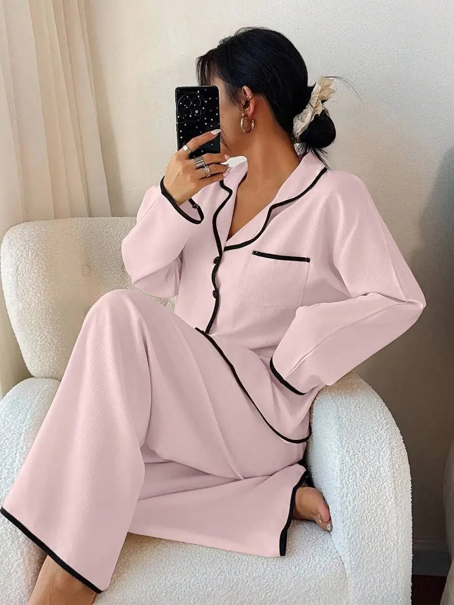 Womens Contrast Trim Lapel Loose Long Sleeve Pajama Set Light Green