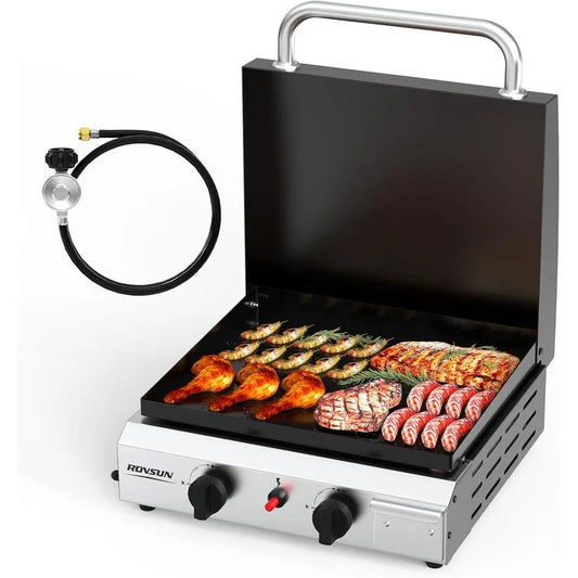 2 Burner Portable Propane Griddle with Enameled Tray & Lid, 20,000 Tabletop  Top Gas Grill with Electric Ignition & Regulator.