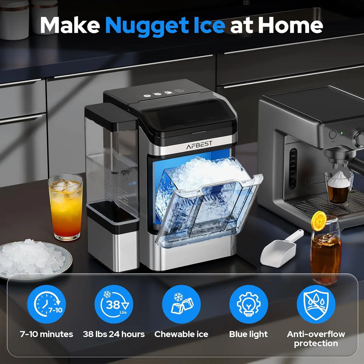 Large Capacity Countertop Nugget Ice Maker – 38 lbs/24H, Chewable Soft Ice, One-Touch Self-Cleaning, Dual Water Tanks (3L+1.5L),.