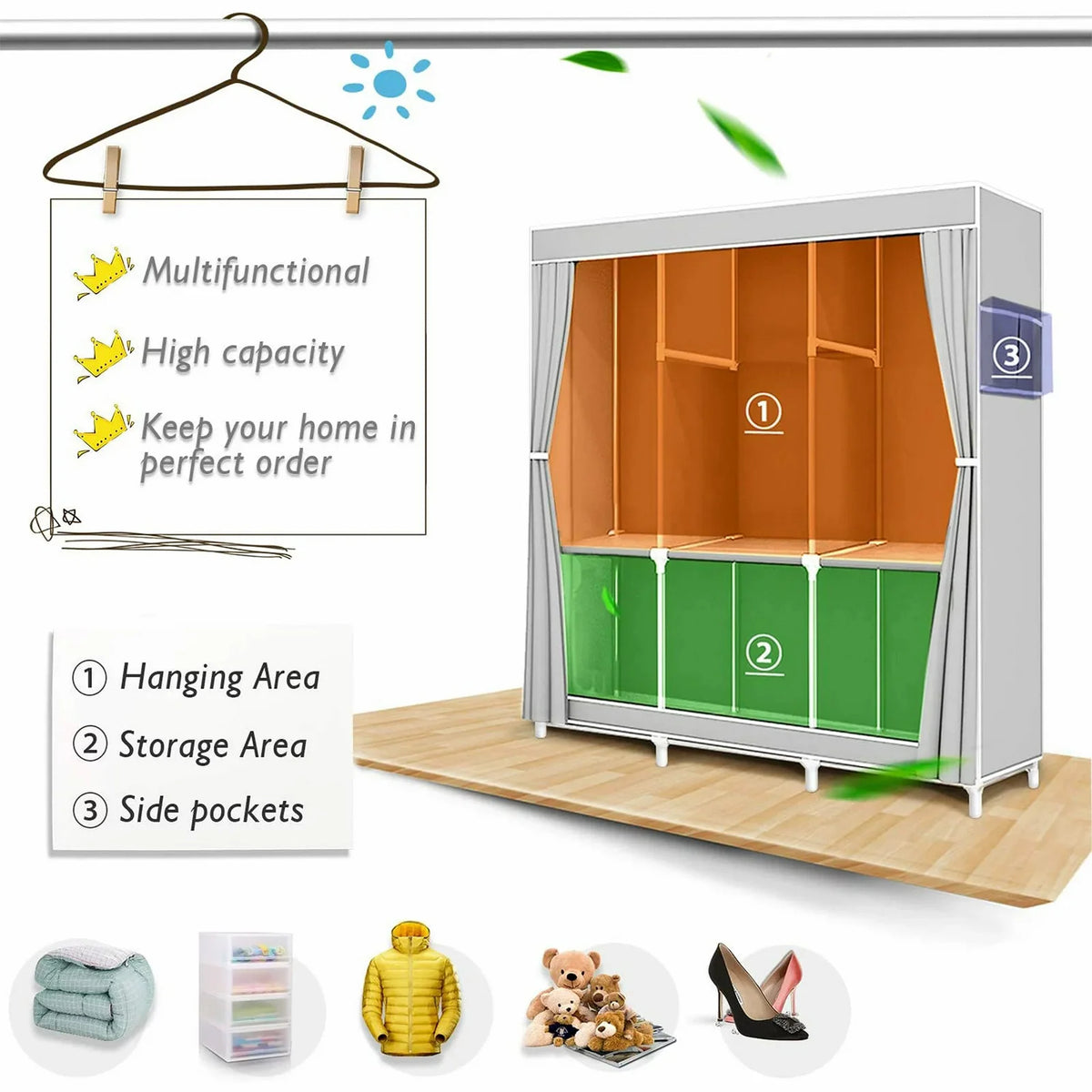 Closet Wardrobe Organizer Storage Rack Portable Clothes Shoe Clothing Shelf Dustproof Non-woven Fabric.